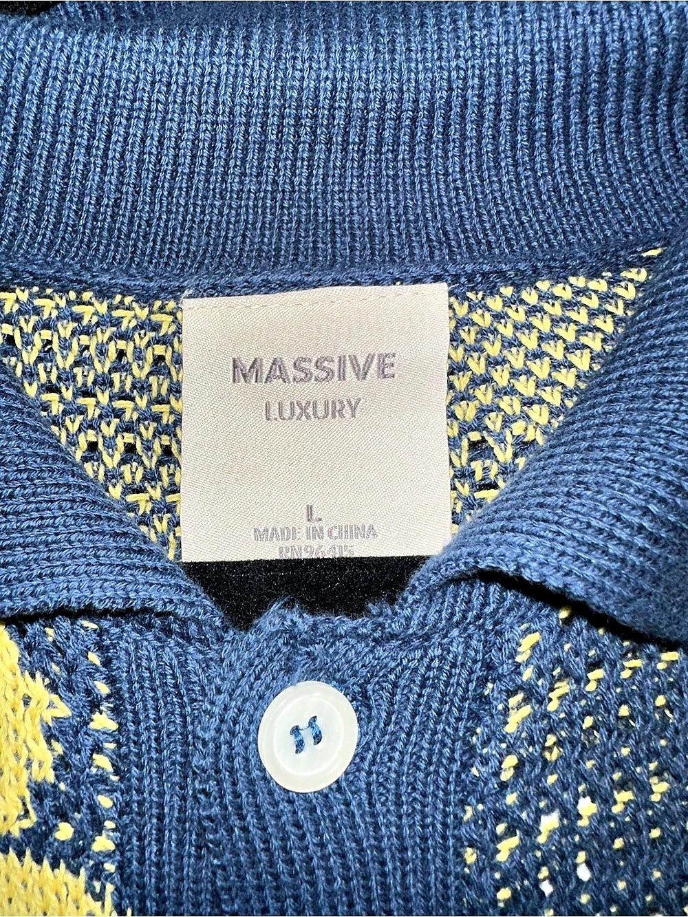 MASSIVE LUXURY Knit Crochet Floral Polo in Blue & Yellow NWT - Picture 4 of 5